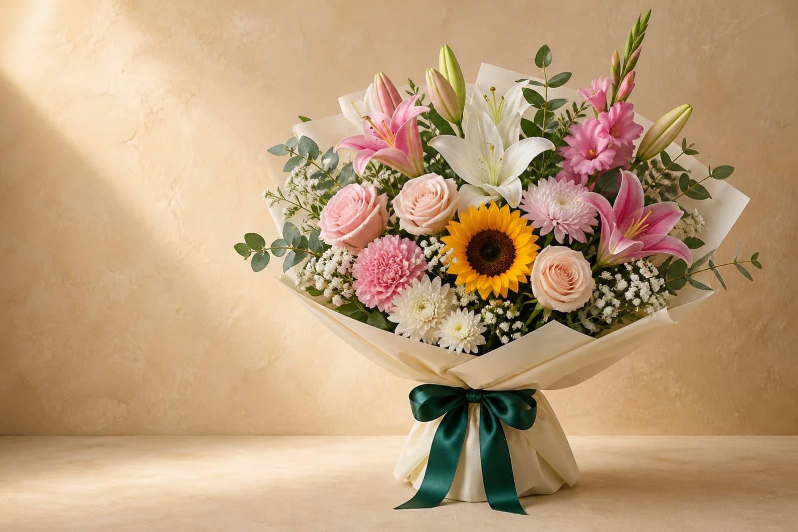 A custom bouquet of lilies, roses, sunflowers and seasonal flowers on a warm beige studio background