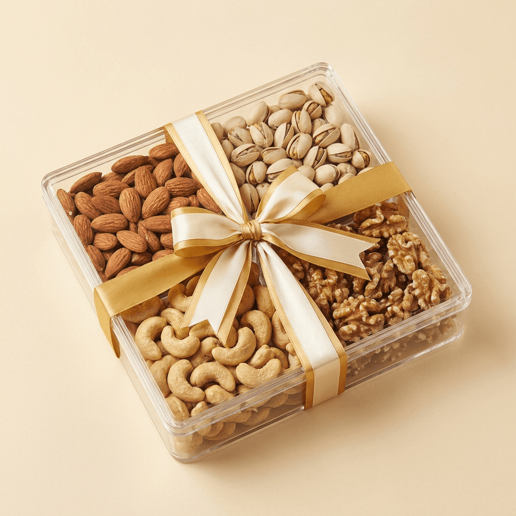 Luxury 4-compartment acrylic dry fruit platter with golden accents for Eid gifting in Karachi